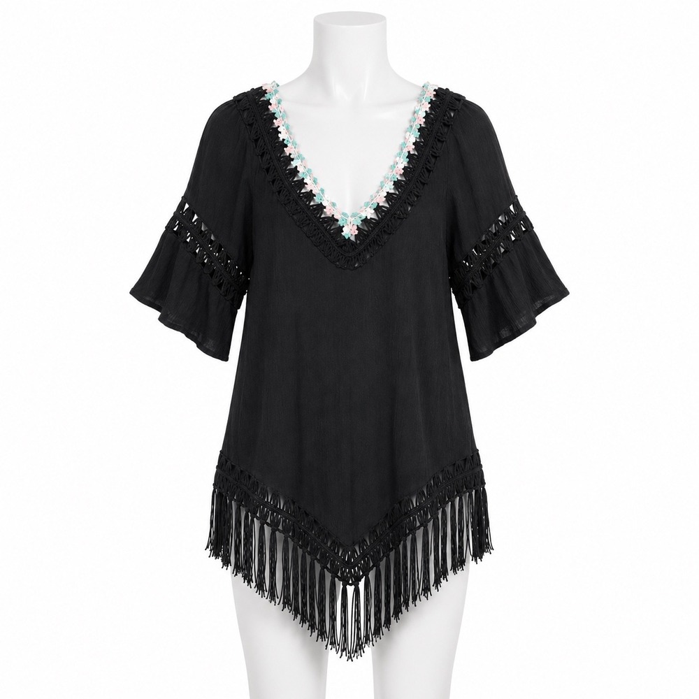 Cupshe Black Fringe Cover Up Tunic M‎ Coastal Cowgirl Boho Festival Resort Swim